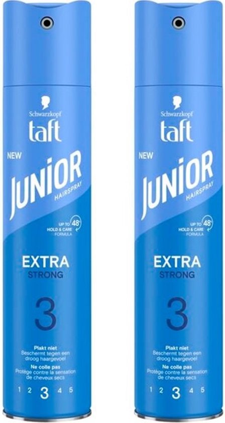 Deux bombes aérosol bleues de laque Taft Junior Extra Strong avec "JUSQU'À 48H TENUE & SOIN" et niveau de fixation 3.