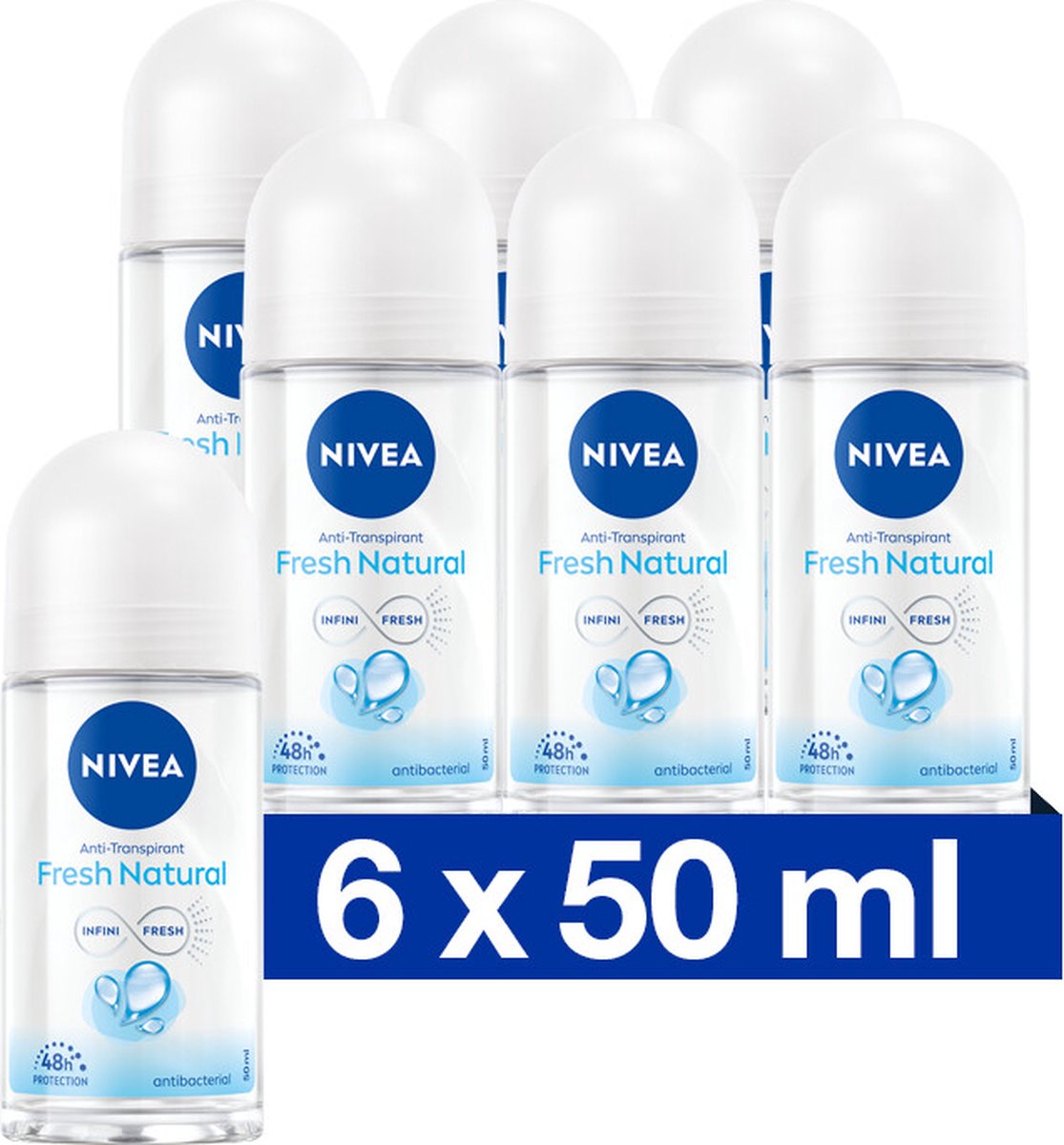 Goedkoopste NIVEA Fresh Natural Anti-transpirant Deo Roller - 48 uur bescherming - Deodorant Met Oceaanextracten - Antibacterieel - 6 x 50 ml - Voordeelverpakking