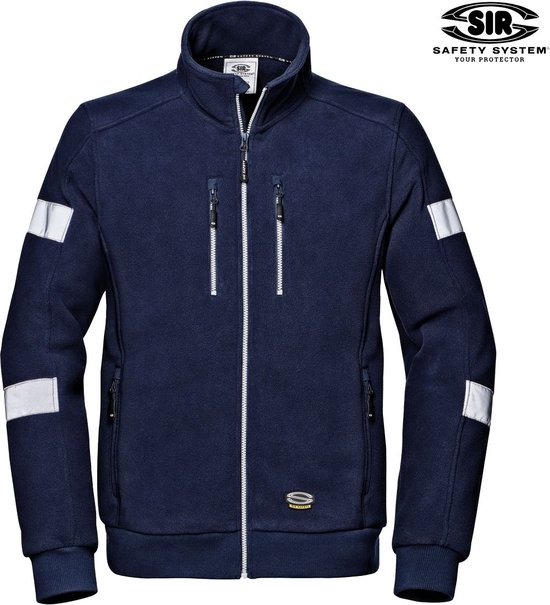 Donkerblauwe fleece werktrrui met ritssluiting, twee borstzakken met rits en reflecterende strepen op de mouwen.