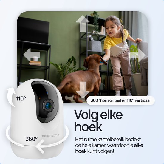 Protectly® Beveiligingscamera binnen - Huisdiercamera met app - Petcam - Hondencamera - Met WiFi APP - 2K 3MP Ultra HD - Volgt beweging en geluidsdetectie - Indoor Camera - Wit van Protectly — afbeelding 3
