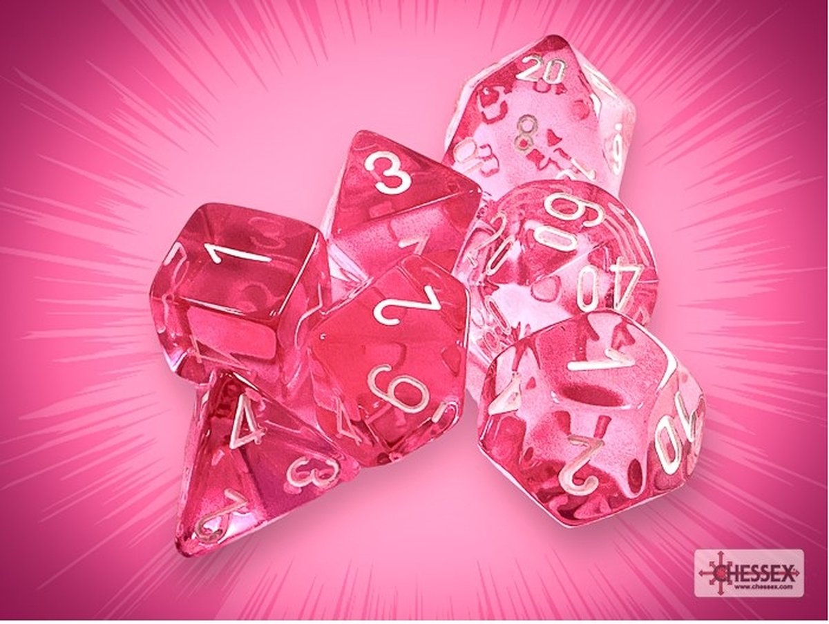 Chessex Translucent Pink/white Polydice Dobbelsteen Set (7 stuks)