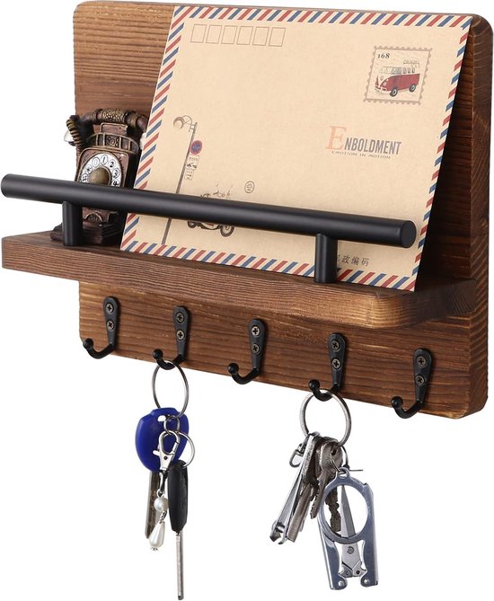 Sleutelrek en briefhouder van hout met 5 sleutelhaken, wandrek van hout voor sleutelrek, organizer, mailorganizer, muur, sleutelrek met plank, houten brievenhouder.