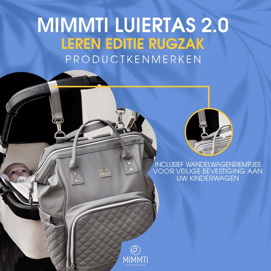 MIMMTI Leren Luiertas Rugzak 2.0 met Verschoonmatje - Grijs - leer - Inclusief flessenwarmhouder - kinderwagenhaken en isoleervak - All in One Bag van Mi — afbeelding 3