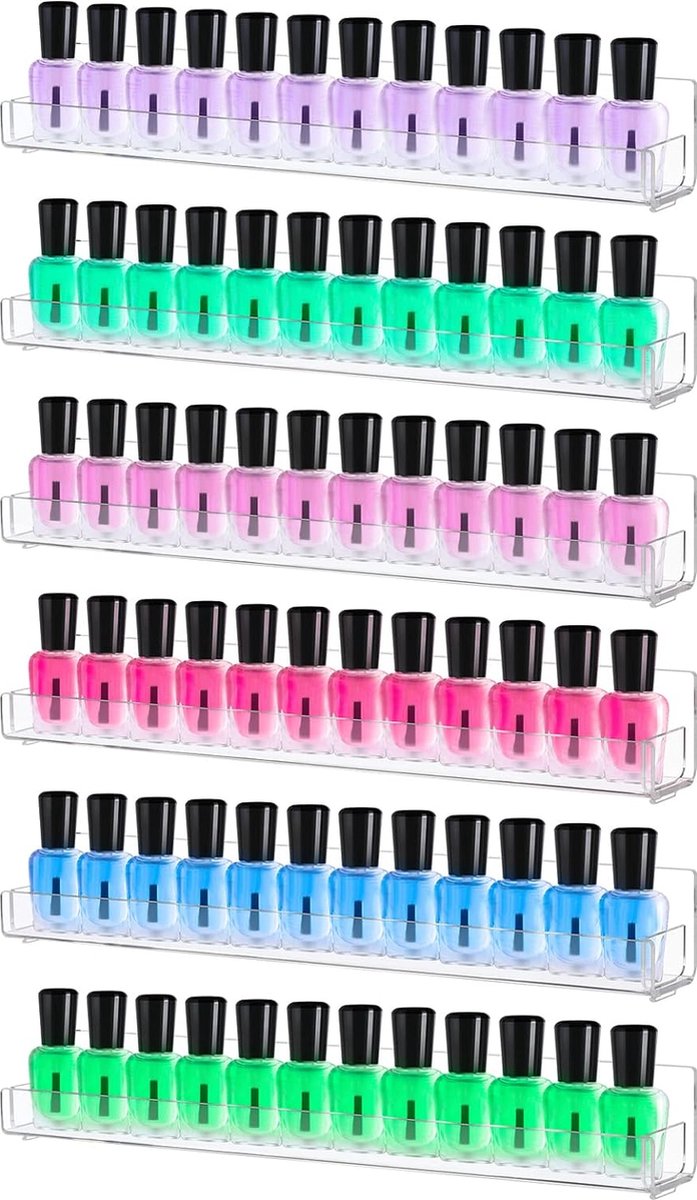 Goedkoopste 6 Pack Acryl Nagellak Rekken, Wandmontage Houdt 72 flessen, Clear Nail Polish Display Plank Organizer, Nagellak Houder Opslag met Verwijderbare Anti-slip End Inserts