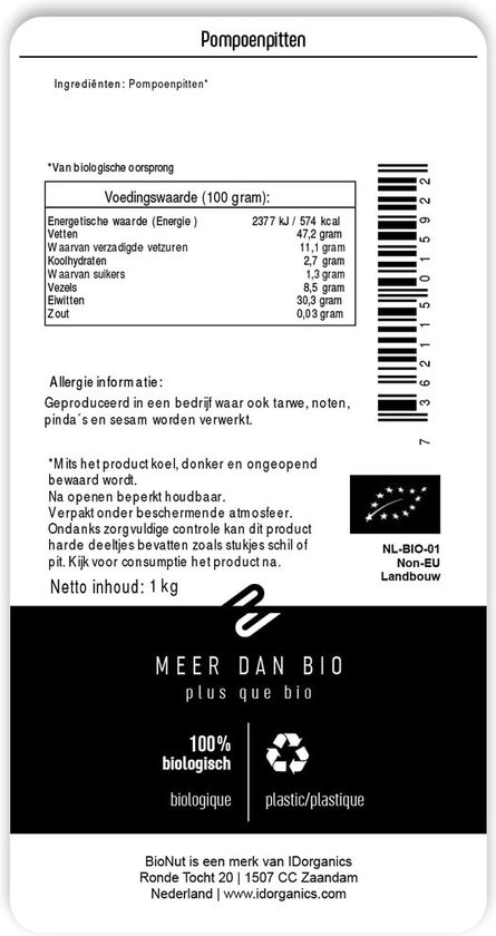 Achterkant zak pompoenpitten met voedingswaarde-informatie en "MEER DAN BIO plus que bio".