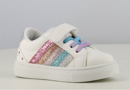 Meisjes sneakers lage zomer schoenen wit met regenboog strepen en gekleurde linten. bol