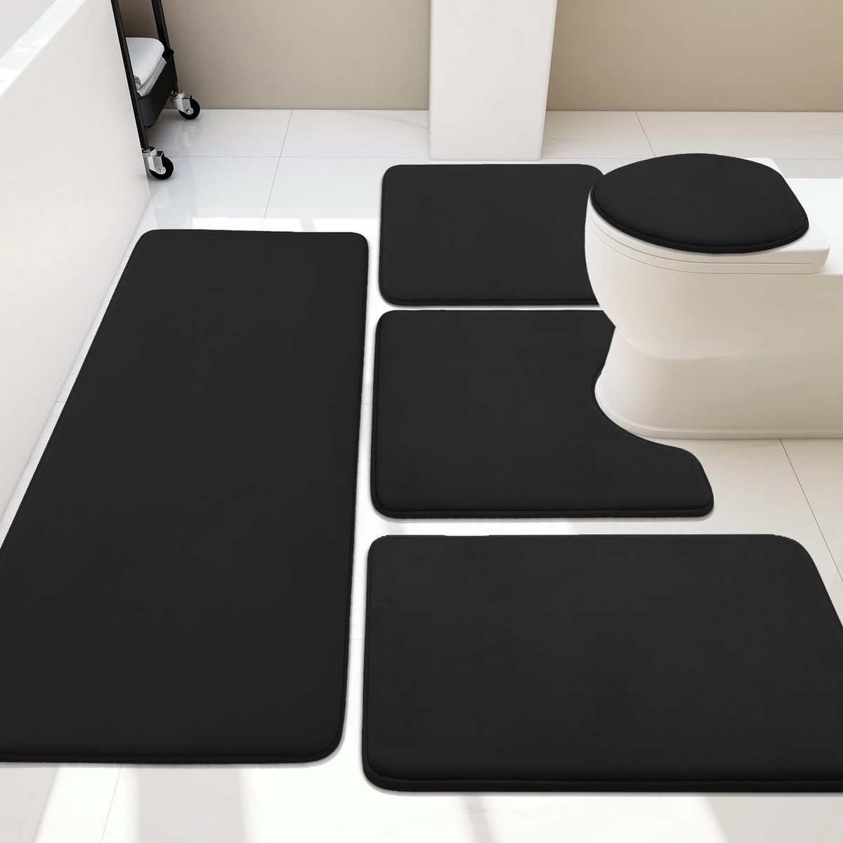 Badkamertapijten, 5-delig, zachte badmat van traagschuim, U-vormige wc-mat, antislip, wasbaar, zwart
