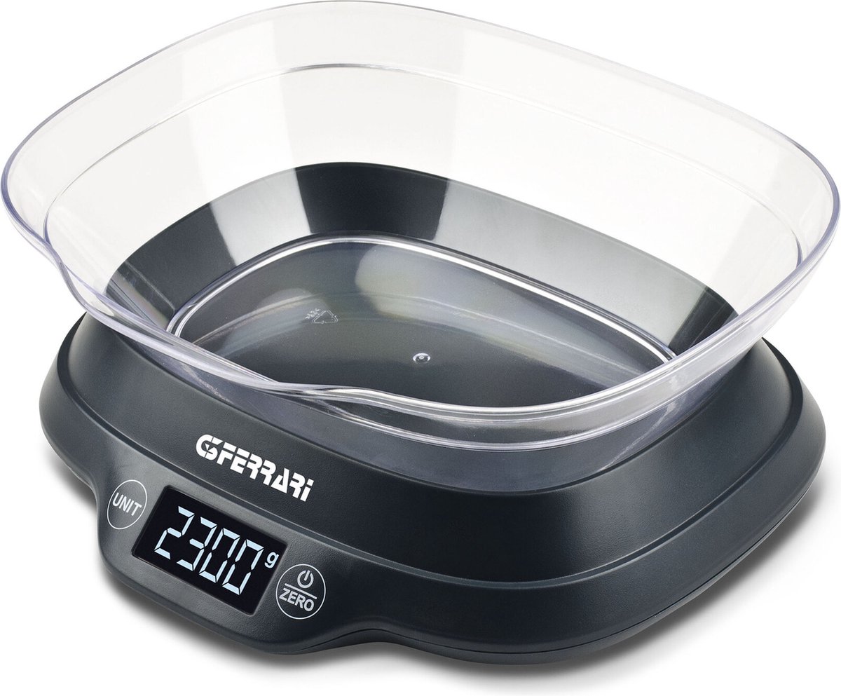 G3 Ferrari Ginny – Digitale Keukenweegschaal met Kom – Max. 5 kg – LCD Display met Verlichting – Tare Functie – g/lb:oz – Automatische Uitschakeling – Zwart