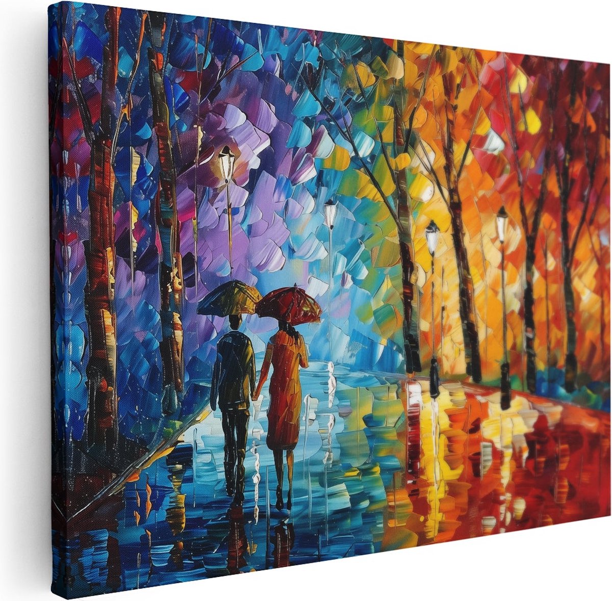 Artaza Canvas Schilderij Twee Mensen met Parasols in de Regen - 80x60 cm - Wanddecoratie Woonkamer - Schilderijen - Muurdecoratie