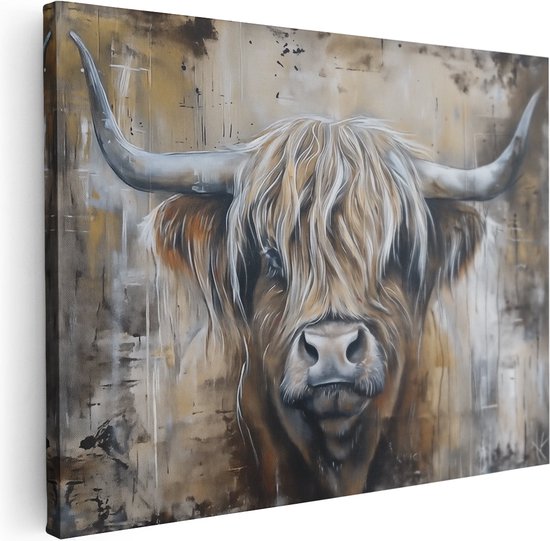 Canvas schilderij van een Schotse Hooglander, close-up van het gezicht met lange, wapperende haren en grote hoorns.