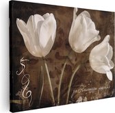 Artaza Canvas Schilderij Drie Witte Tulpen op een Bruine Achtergrond - 120x90 - Wanddecoratie - Foto Op Canvas - Canvas Print