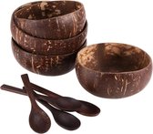 4 stuks kokosnootschalen met 4 houten lepels - natuurlijke smoothie bowl set Schalen set