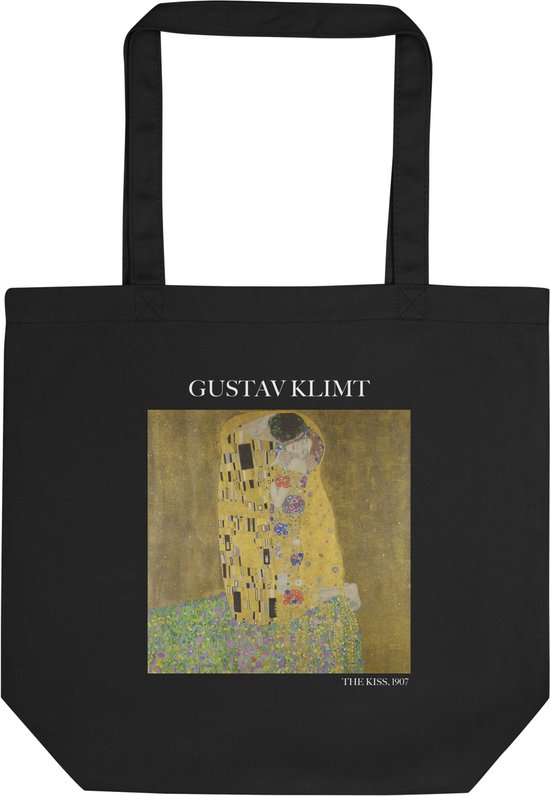 Gustav Klimt 'De kus' ("The Kiss") Beroemde Schilderij Tote Bag | 100% Katoenen Tas | Kunst Tote Bag | Zwart