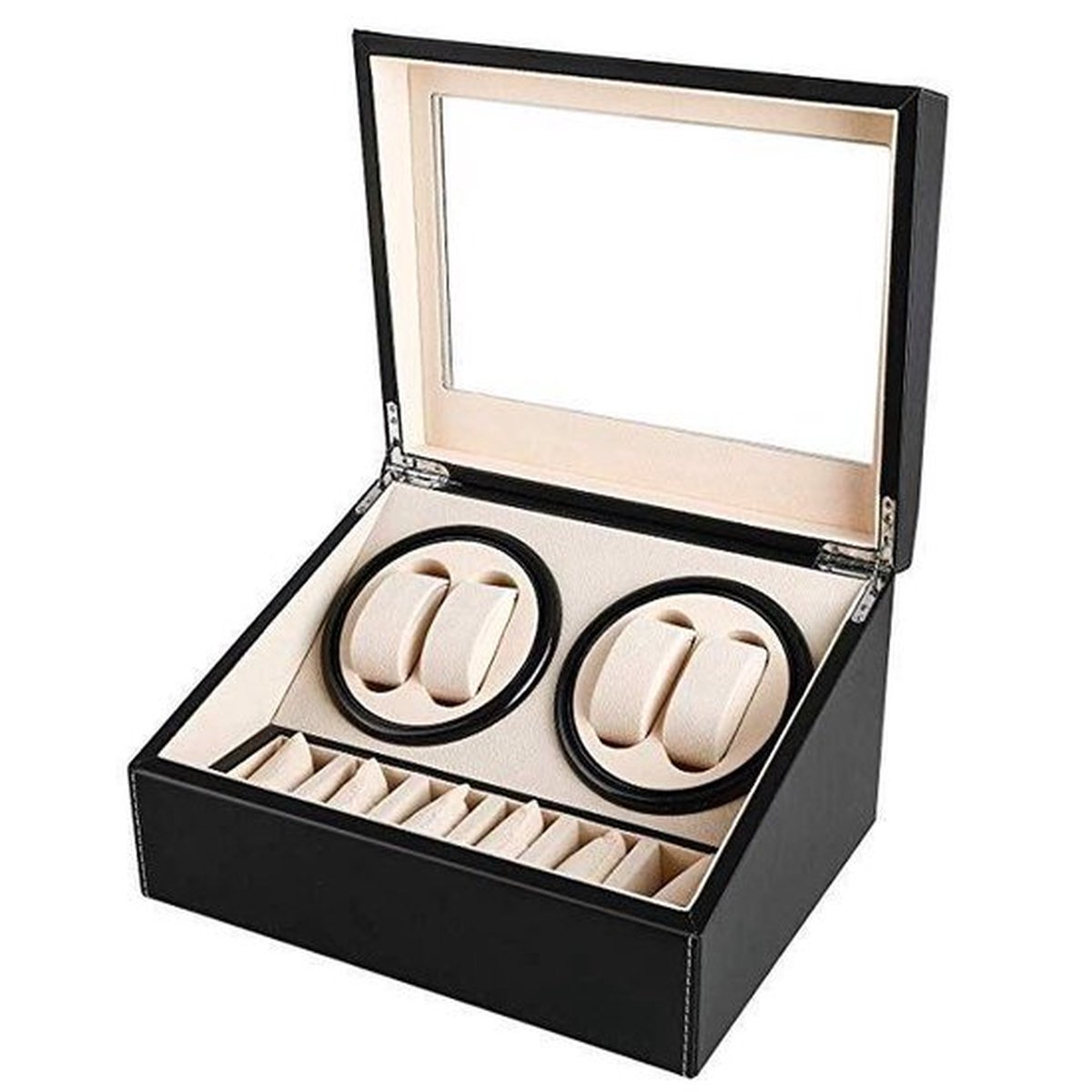 VORLOU - Luxueuze Watch Box - Voor 4 Automatische horloges + 6 voor opslag - Horloge opwinder - Horlogebox - Sieradendoos - Watch winder - 10 horloges - Zwart