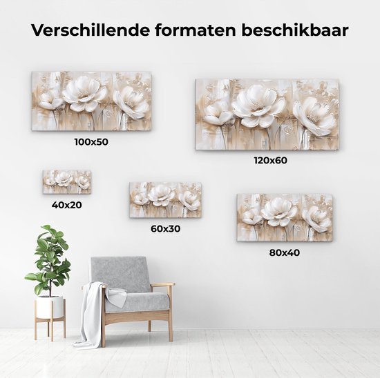 Artaza Peinture sur Toile Trois Fleurs Witte sur Fond Beige - 120x60 - Groot - Photo sur Toile - Impression sur Toile