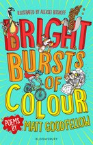 Boekomslag met de titel 'Bright Bursts of Colour' in grote 3D-letters. Illustraties van dieren, een astronaut en een jongen op een fiets.