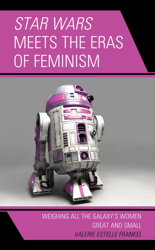 R2-D2 robot met roze accenten, op een grijze achtergrond. Titel: Star Wars Meets the Eras of Feminism.