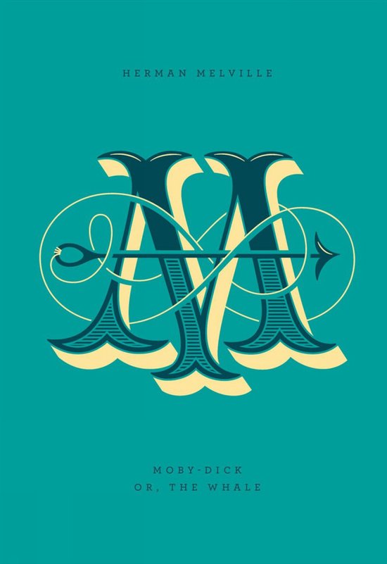 Couverture du livre Moby Dick avec un 'M' jaune ornementé sur fond turquoise.