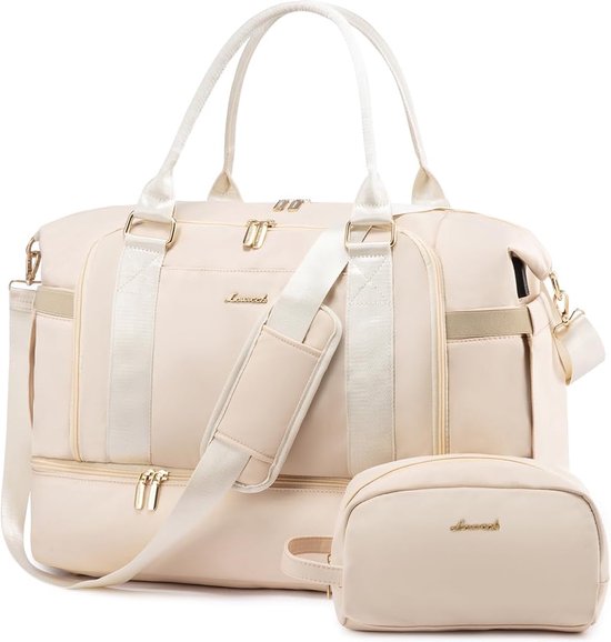 Reistas voor dames - Beige/creme - 2-delig met toilettas - USB-oplaadpoort - 47 x 22 x 36 cm - Schoenenvak en natvak - 12 vakken - Grote capaciteit - Schoudertas, sporttas, weekendtas, handbagage tas - 37L