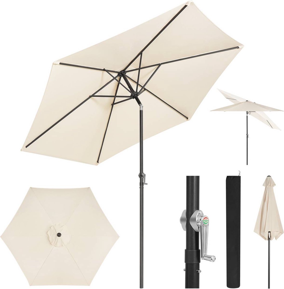 Outdoor parasol with UV protection and waterproof design, easy to install - Ø 270 x 236 cm, in neutral colors.