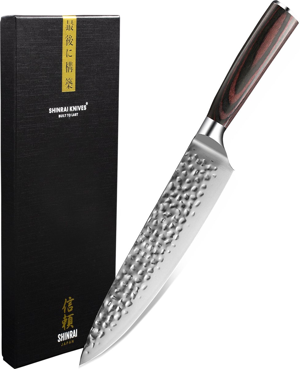 Shinrai Knives Koksmes 20 cm Hammered RVS met geschenkdoos