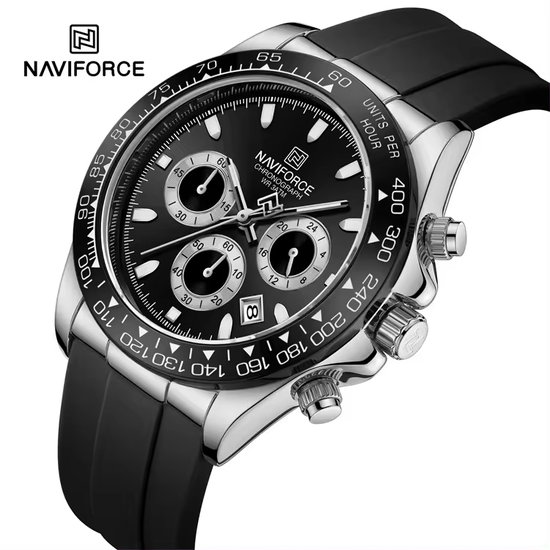 NAVIFORCE horloge voor mannen, met zwarte gefumeerde silica polsband, zilveren uurwerkkast en zwarte wijzerplaat ( model 8054 SBB ), verpakt in mooie geschenkdoos