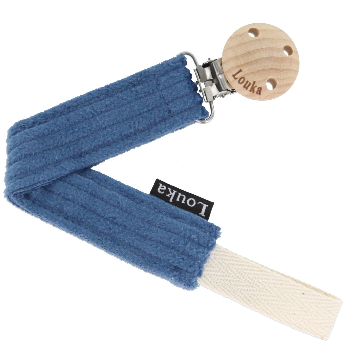 Goedkoopste Louka Speenkoord brede rib staal blauw de luxe - houten clip - speenketting