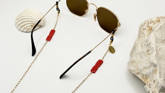 Zonnebrillenkoordje Dames | Goud brillenkoord | Rode schelpen brillenkoordje | Rode schelp brillenketting | Gouden brillenketting | Sunglasses cord