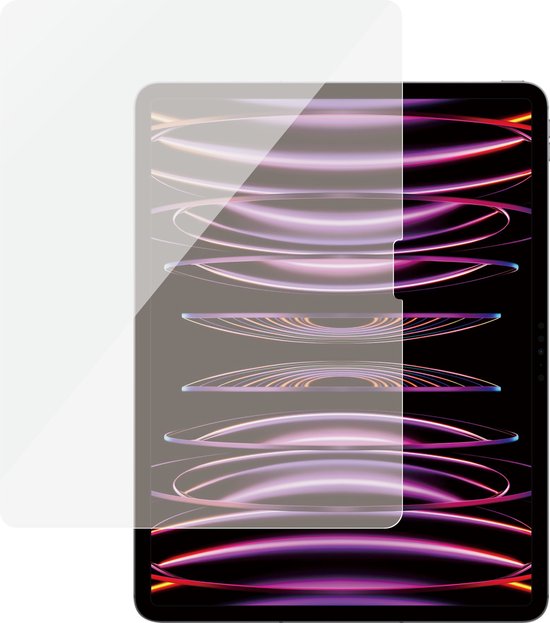 Transparante iPad Air/Pro 13" schermprotector, deels geplaatst op tablet met abstract paars patroon.