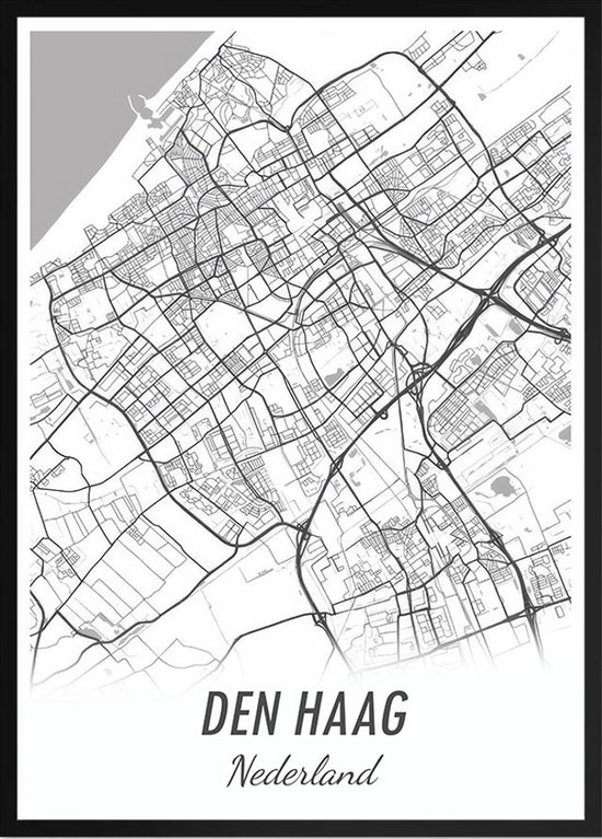 Poster Plattegrond Den Haag in zwart / wit. Voor de echte liefhebber van Den Haag -50x70cm met zwarte lijst