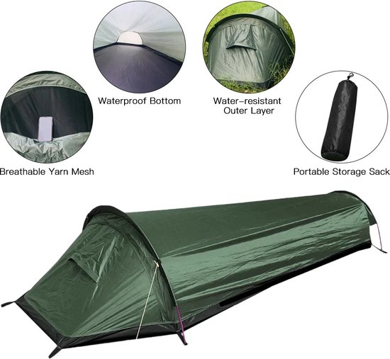 Eenpersoons Tent 220x90cm - Survival Tent Army Green - Inclusief Draagtas - Groene Ultralichte & Compacte Outdoor Tent Voor 1 Persoon - Camping - Waterbestendig Oxford Doek - Slaapzak — afbeelding 4