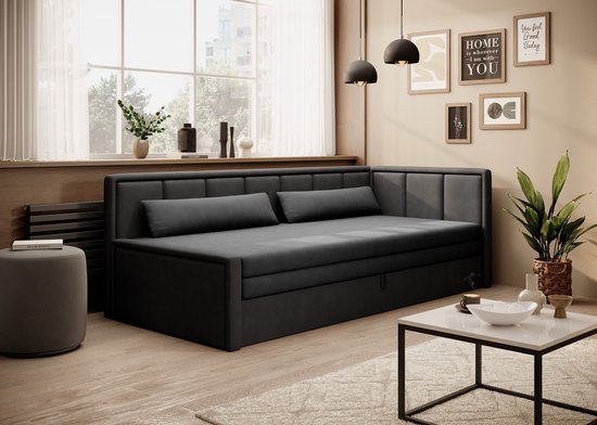 Fulgeo P - Sleepking - Sofa Bed -Vouwbank - Slaapbank - Met opbergruimte - Voor beddengoed - Grijs/Zwart -Chenille - Jeugd - Slaapgedeelte 150 x 200 cm - Maxi Maja