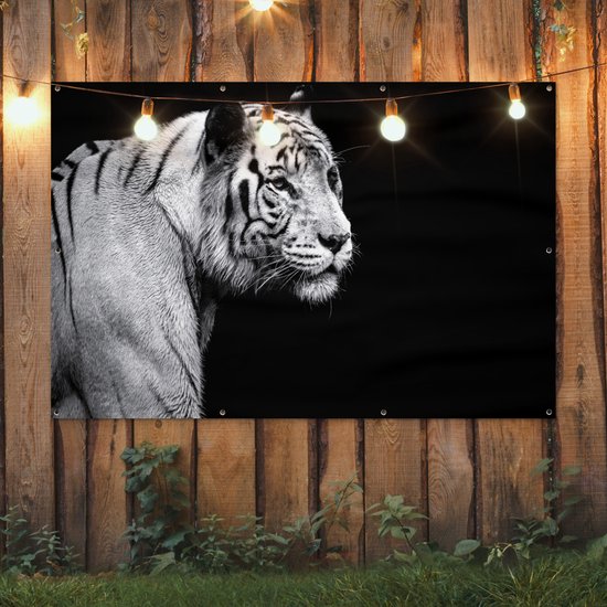 Tigre blanc de Sibérie sur fond noir affiche de jardin toile en vrac 180x120 cm - Toile de jardin / Toile d'extérieur / Peintures d'extérieur (décoration de jardin) XXL / Groot format!