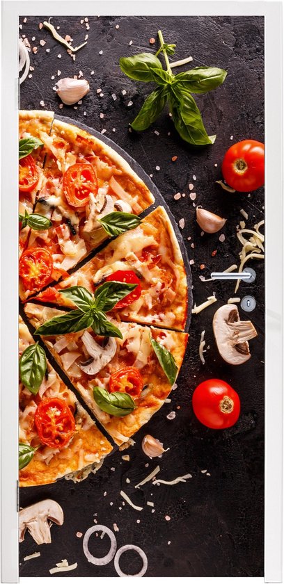 Deurposter 75x205 cm - Deursticker Pizza - Groente - Kruiden - Keuken - Industrieel - Meubelfolie zelfklevend - Deurfolie woonkamer - Interieurfolie fotobehang - Deur plakfolie - Deurstickers - Deurbehang sticker - Kamer decoratie