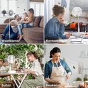 Collage toont de witte staande ventilator in verschillende settings: woonkamer, kantoor, buiten en keuken.
