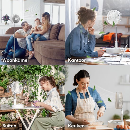 Collage toont de witte staande ventilator in verschillende settings: woonkamer, kantoor, buiten en keuken.