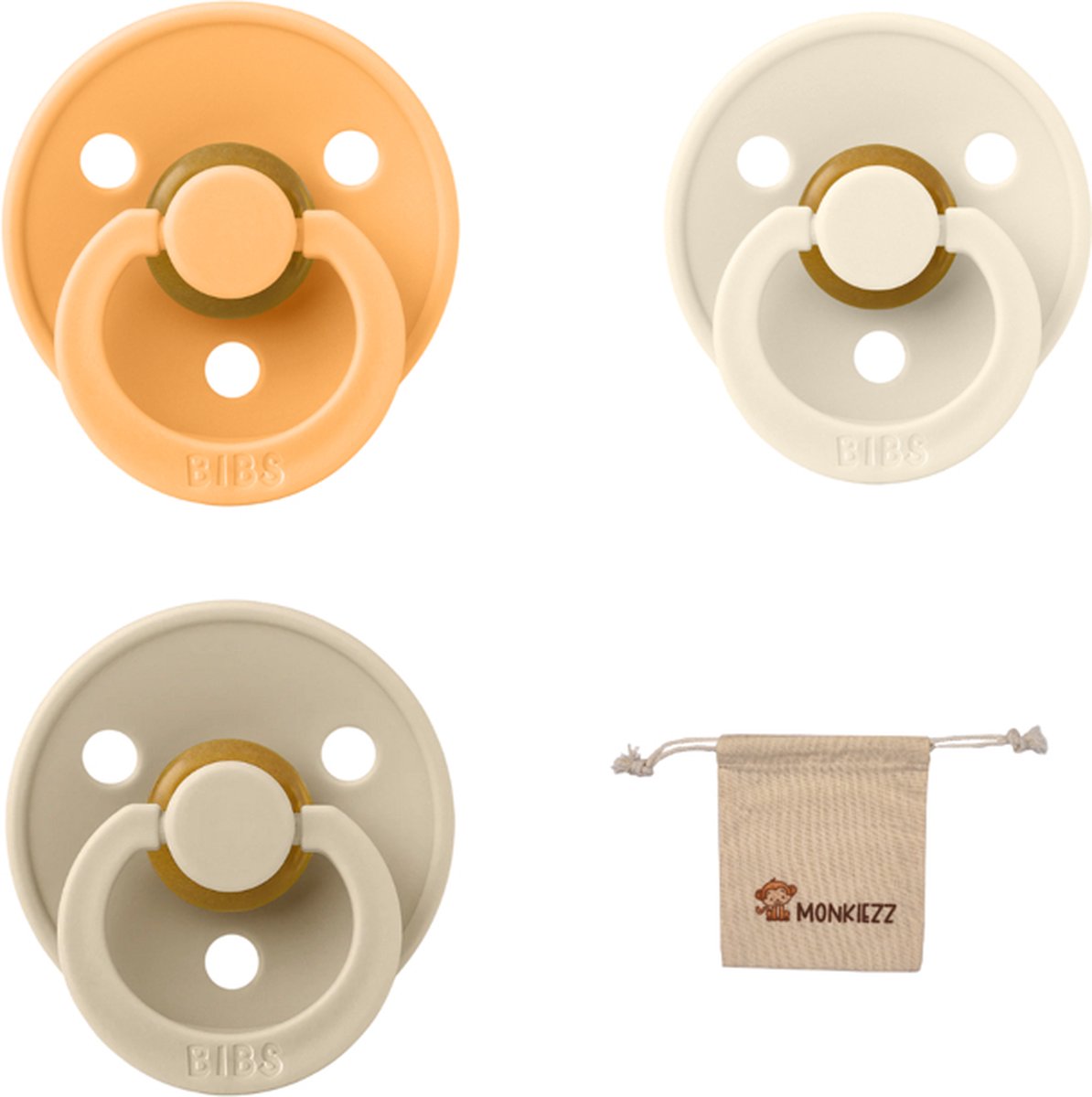 Goedkoopste Bibs fopspeen - maat 1 0-6 maanden - 3 stuks – Ivory – Vanilla – Sunkissed Monkiezz speenzakje