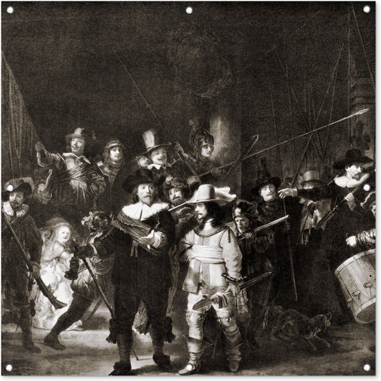 Tuinposter 100x100 cm - Tuindecoratie De Nachtwacht in zwart-wit - Rembrandt van Rijn - Poster voor in de tuin - Buiten decoratie - Schutting tuinschilderij - Tuindoek muurdecoratie - Wanddecoratie balkondoek