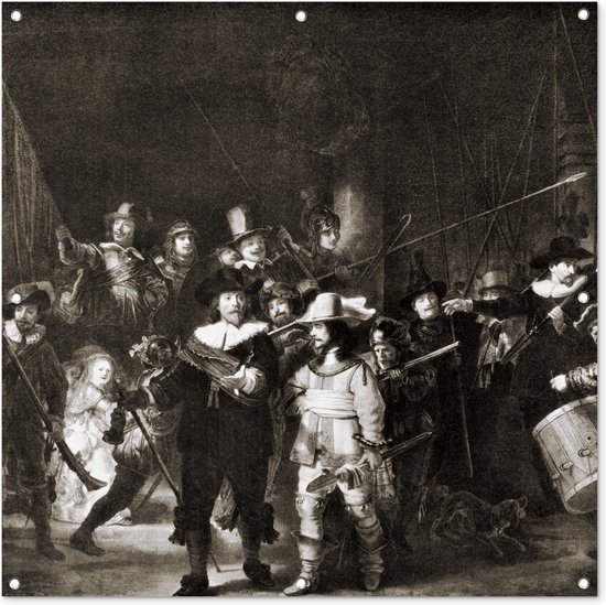 Tuindoek De Nachtwacht in zwart-wit - Rembrandt van Rijn - 100x100 cm