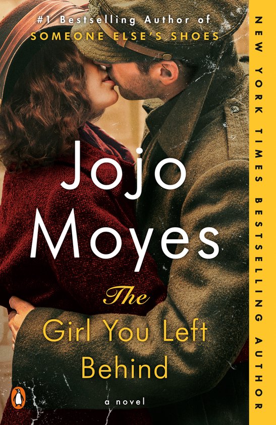 Een man in soldatenuniform kust een vrouw met een rode trui en een hoed. "The Girl You Left Behind" door Jojo Moyes.