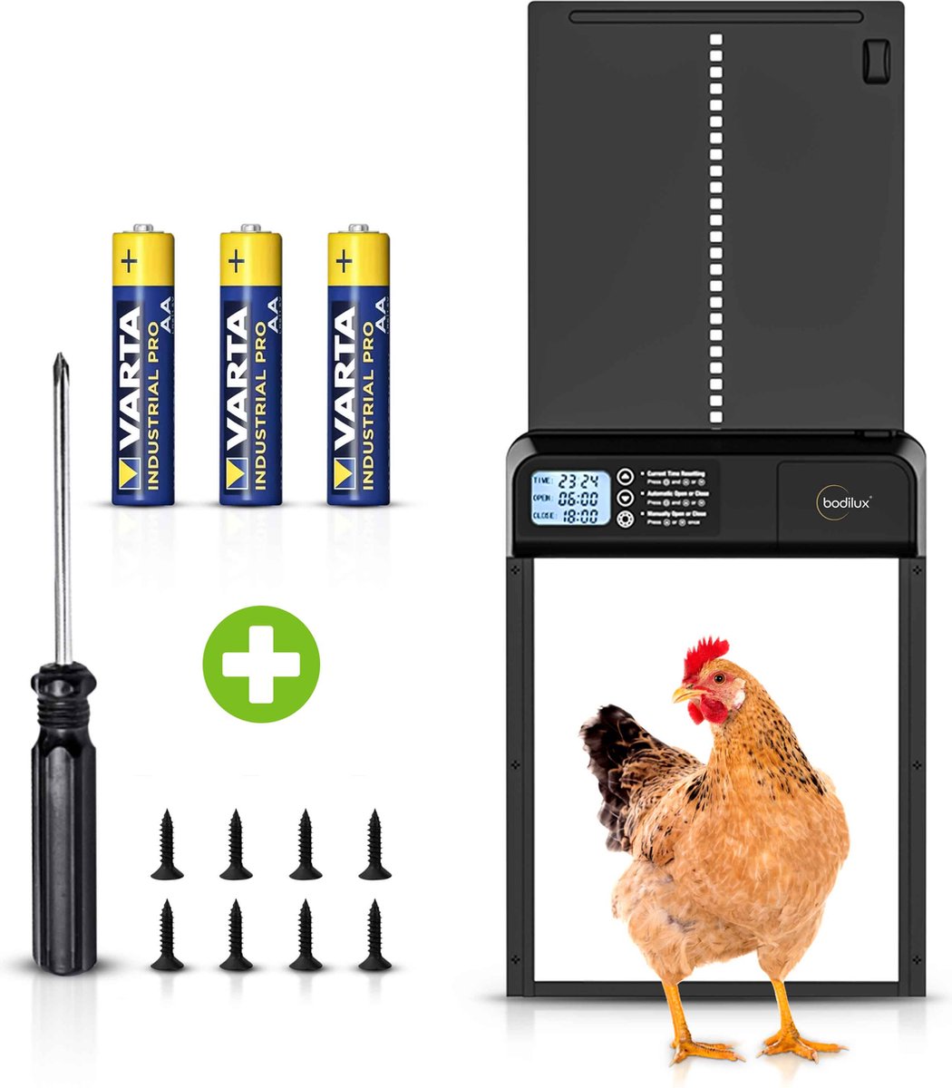 Bodilux® Kippenluik Automatisch Incl. Batterij Timer en Montage Set - Kippendeur Automatisch - Chickenguard - Kippenluikje Hokopener - Zwart op Prijzenvolger.com