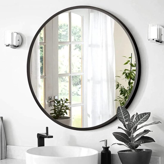 Foto: Hsxl spiegels luxe ronde spiegel zwart 80 cm groot grote wandspiegel 80cm rond industrieel modern design badkamer slaapkamer woonkamer toilet