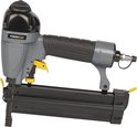 Grijze en zwarte pneumatische tacker met zwarte grip en gele trekker.