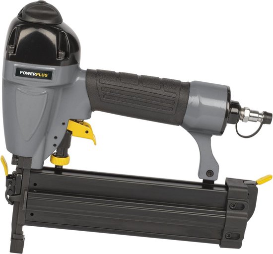 Grijze en zwarte pneumatische tacker met zwarte grip en gele trekker.