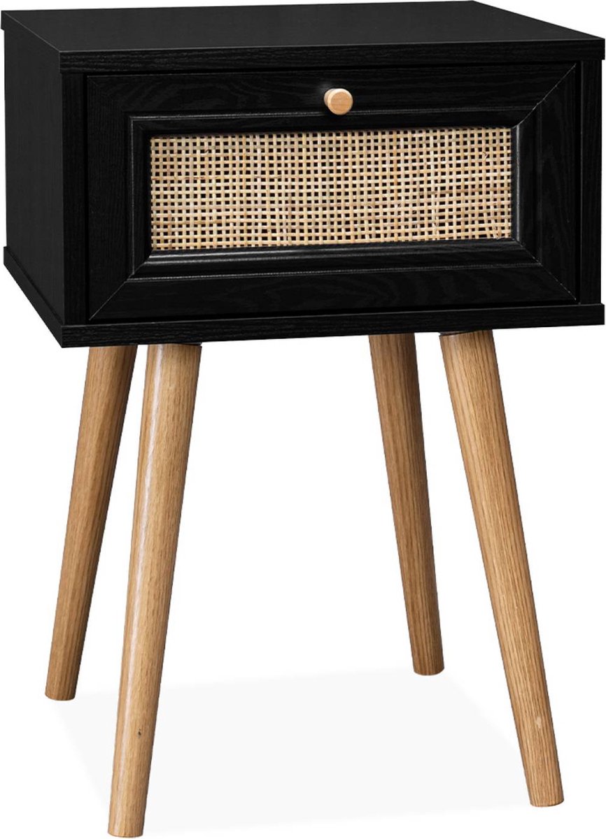 sweeek - Nachtkastje met hout- en rietmotief en 1 lade - bohème