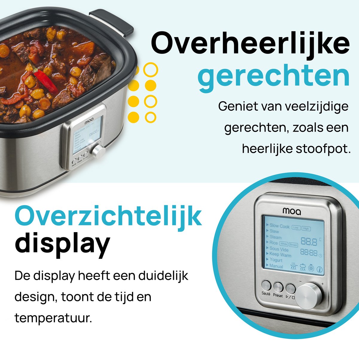 MOA Multicooker - 6L - Slowcooker - Rijstkoker met Stomer - PFAS- & BPA-vrij - Stoomkoker - Sous Vide Koker - 8 Kookfuncties - 1250W - RVS thumbnail 7
