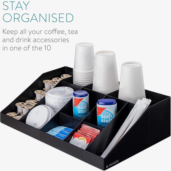 Navaris Kaffee Spender Organizer - Aufbewahrung von Zubehör - Kaffeebar für u. a. Zucker Milch Servietten Kapseln - Kaffeestation 7 Fächer schwarz