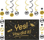 Geslaagd Versiering - Yes You Did It! - Geslaagd Hangdecoratie - Geslaagd Vlag - Geslaagd Swirl Decoraties - Zwart Goud Geslaagd Versiering