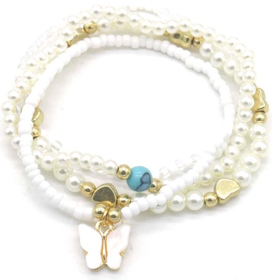 Bracelets de cheville - ensemble - élastique - blanc - or - papillon - coeurs - perles - amusant - enfants