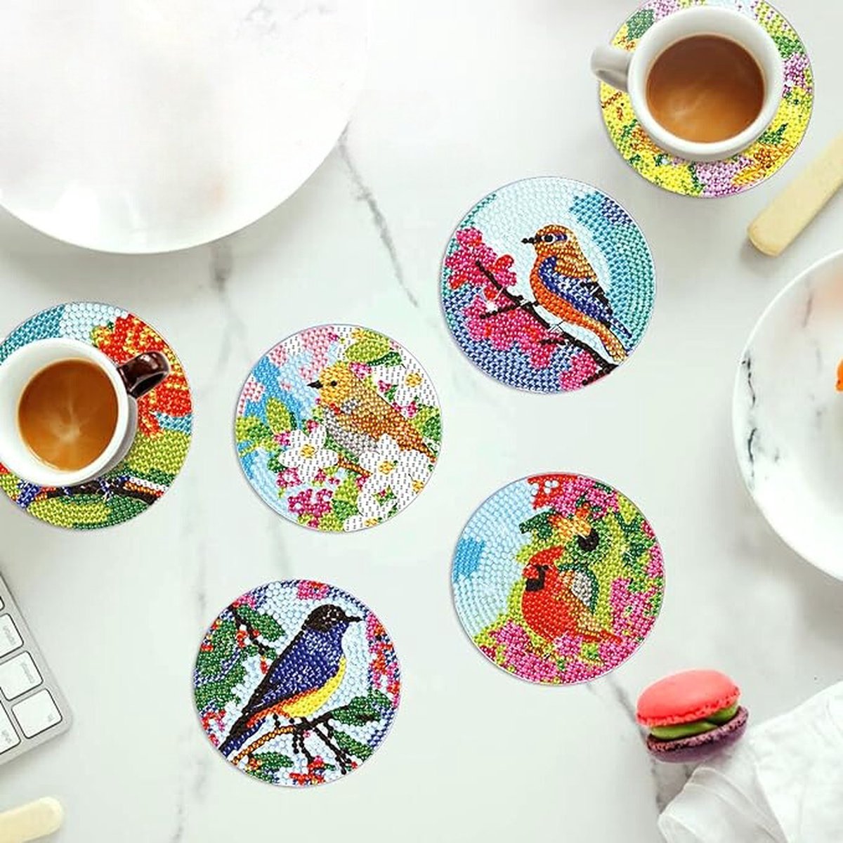 F4B Diamond Painting Onderzetters Vogels – 8 Stuks – Met Houder – Ø10 cm — afbeelding 4